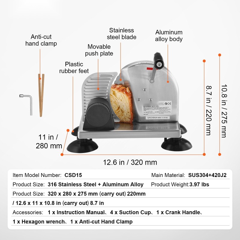 Käsikäyttöinen leipä ja juustoleikkuri säädettävä paksuus 0–6 tuumaa mikrohammastettu ruostumaton terä