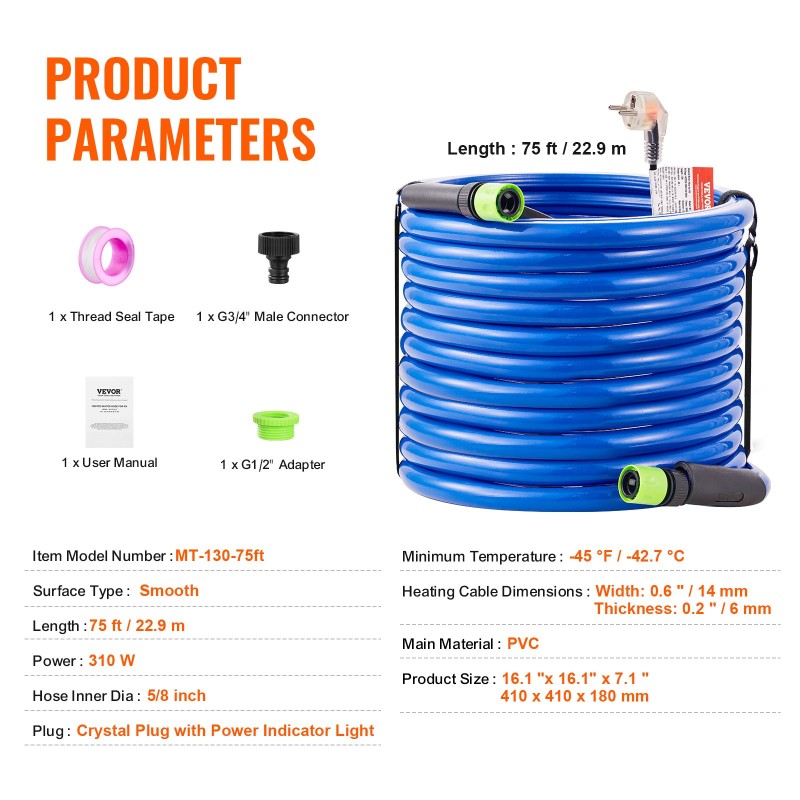 Lämmitetty juomavesiletku 22,9 m 5/8 tuuman sisähalkaisija -42,7 °C pikaliittimillä