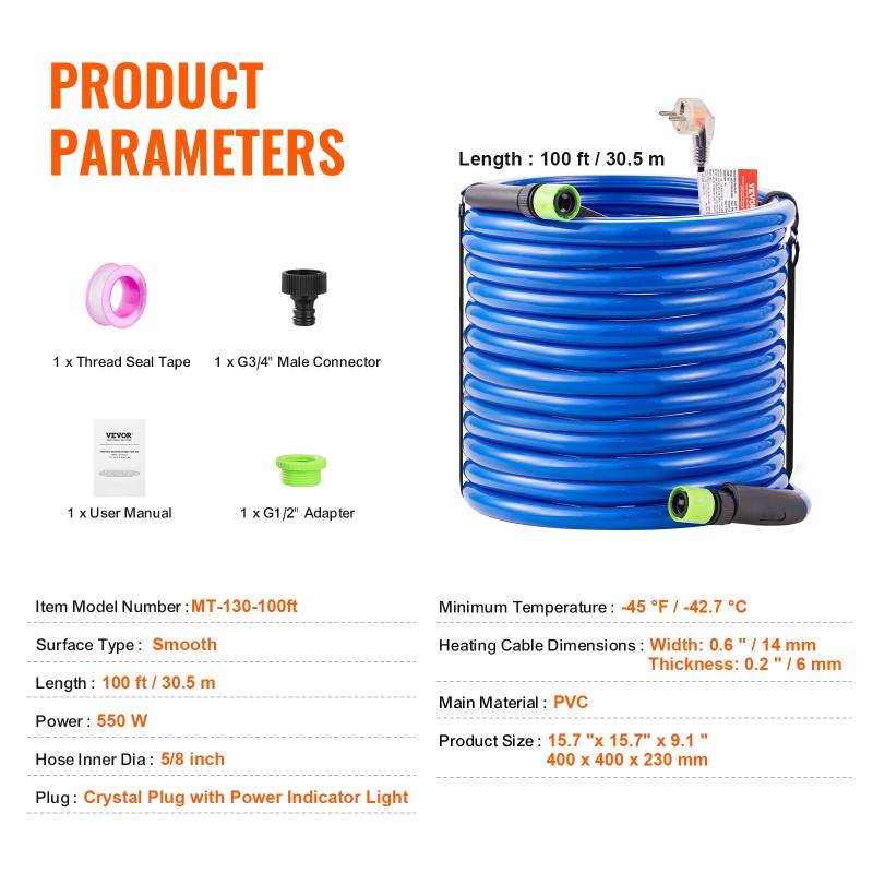 Lämmitettävä vesiletku juomavedelle 30,5 m asuntoautolle 5/8 tuumaa -42,7 °C