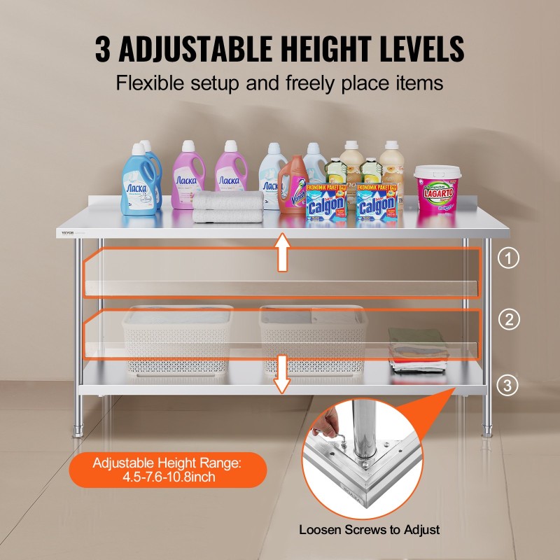 Ruostumattomasta teräksestä valmistettu ammattikeittiön työtaso 610×1829×914 mm säädettävällä alahyllyllä