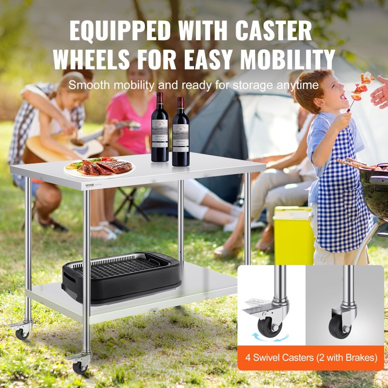 Ruostumaton terästyötaso 762x1219x954 mm 3 korkeustasoa 4 pyörää ammattikeittiöön