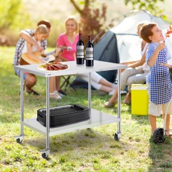 Ruostumaton terästyötaso 762x1219x954 mm 3 korkeustasoa 4 pyörää ammattikeittiöön