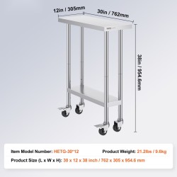 Ruostumaton työtaso 762×305×955 mm 4 pyörää 3 korkeustasoa ammattikeittiöön