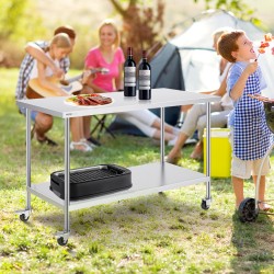 Ruostumaton terästyöpöytä 30×60×38 tuumaa 3 korkeustasoa 4 pyörää elintarvikekäyttöön