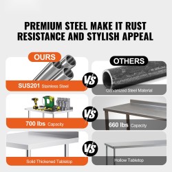 Ruostumaton teräs työtaso 61x61x100,6 cm säädettävällä hyllyllä ja pyörillä