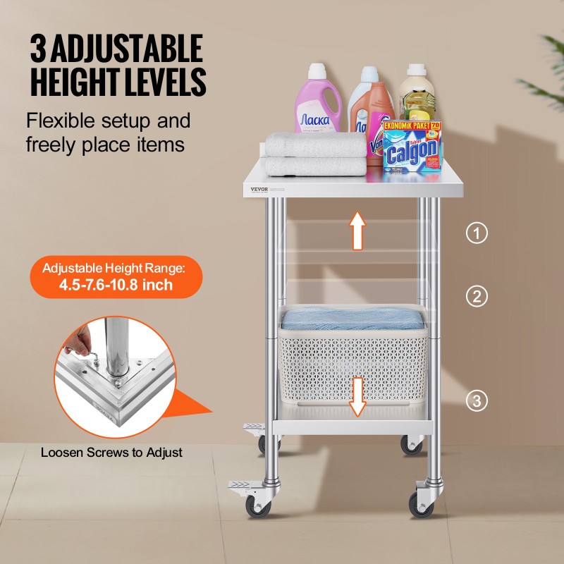 Ruostumaton teräs työtaso 61x61x100,6 cm säädettävällä hyllyllä ja pyörillä