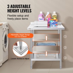 Työtaso ruostumatonta terästä 610 x 762 x 914 mm säädettävällä korkeudella elintarvikekäyttöön