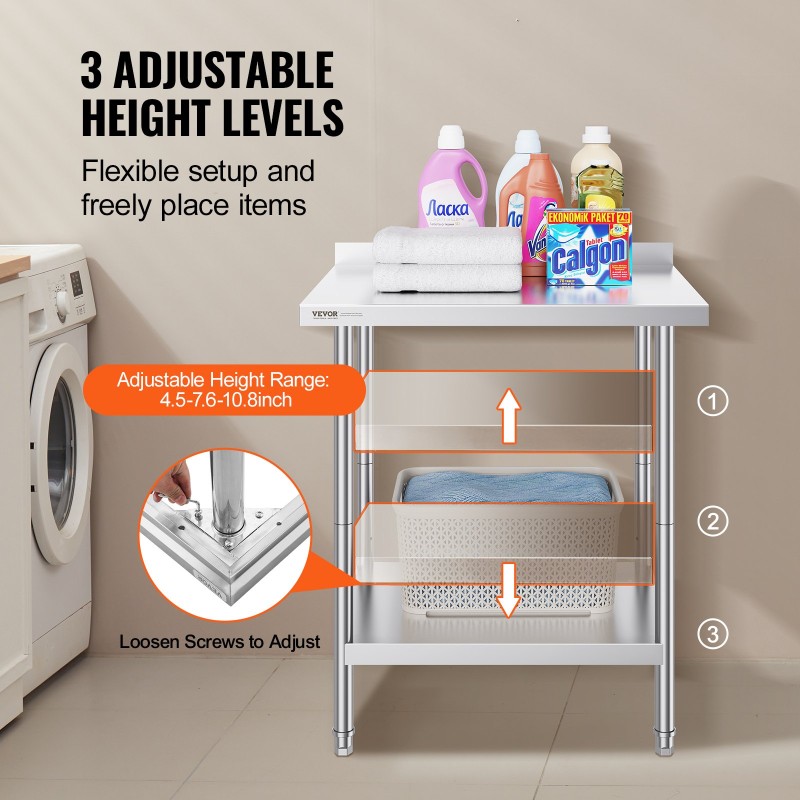 Työtaso ruostumatonta terästä 610 x 762 x 914 mm säädettävällä korkeudella elintarvikekäyttöön