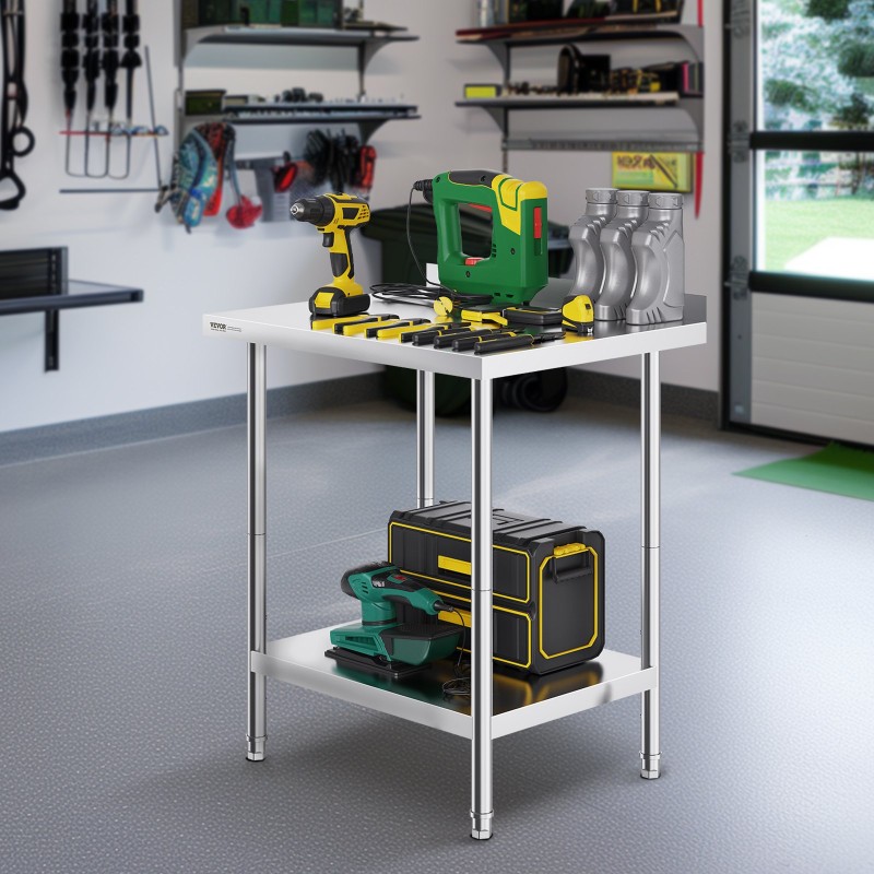 Työtaso ruostumatonta terästä 610 x 762 x 914 mm säädettävällä korkeudella elintarvikekäyttöön