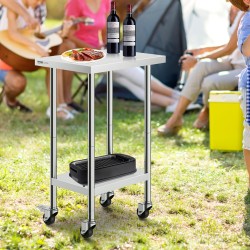 Ruostumaton terästyötaso 610×457×954 mm kolmitasoinen alahylly 4 pyörää elintarvikekäyttöön