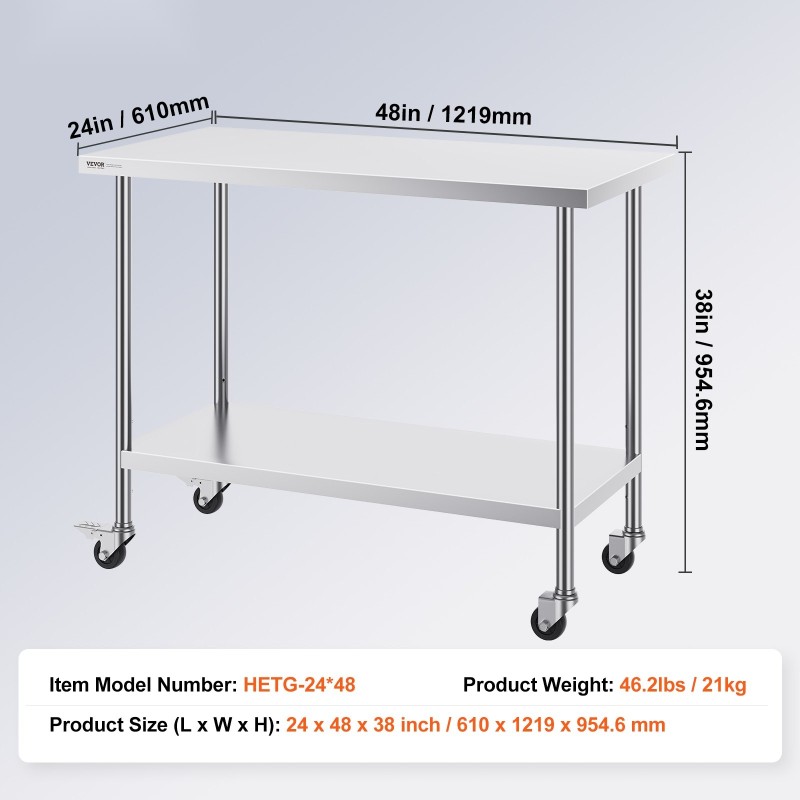 Ruostumattomasta teräksestä valmistettu työtaso koko 610x1219x955 mm hyllyillä pyörillä