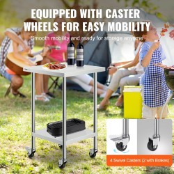 Ruostumattomasta teräksestä valmistettu työpöytä 610x610x955 mm pyörillä säädettävillä hyllyillä