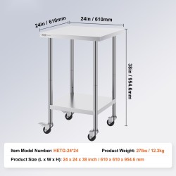 Ruostumattomasta teräksestä valmistettu työpöytä 610x610x955 mm pyörillä säädettävillä hyllyillä
