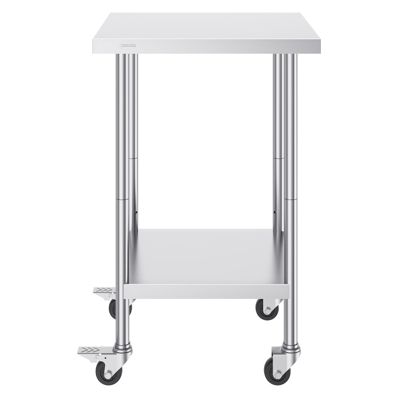 Ruostumattomasta teräksestä valmistettu työpöytä 610x610x955 mm pyörillä säädettävillä hyllyillä