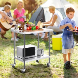 Ruostumaton terästyötaso 61 x 91 x 101 cm pyörillä säädettävällä korkeudella