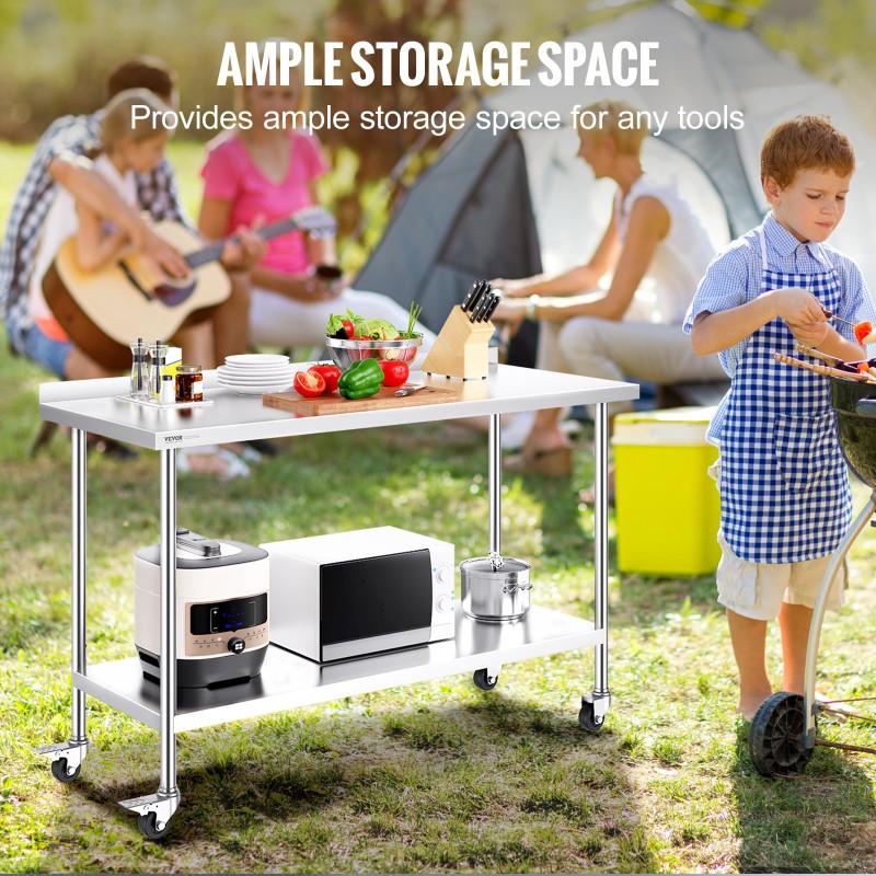 Työpöytä ruostumattomasta teräksestä 1524 mm leveä pyörillä säädettävillä hyllyillä