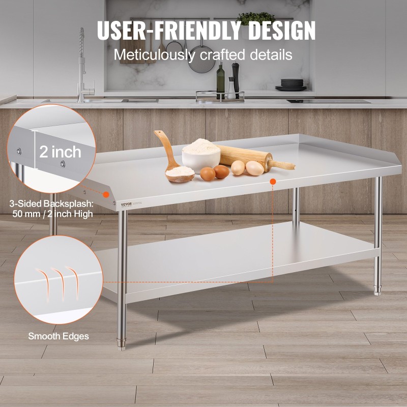 Ruostumattomasta teräksestä valmistettu työpöytä 762×1524×660 mm 3-puoleisella roiskesuojalla