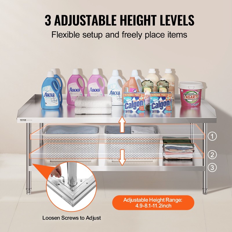 Ruostumattomasta teräksestä valmistettu työpöytä 762×1524×660 mm 3-puoleisella roiskesuojalla