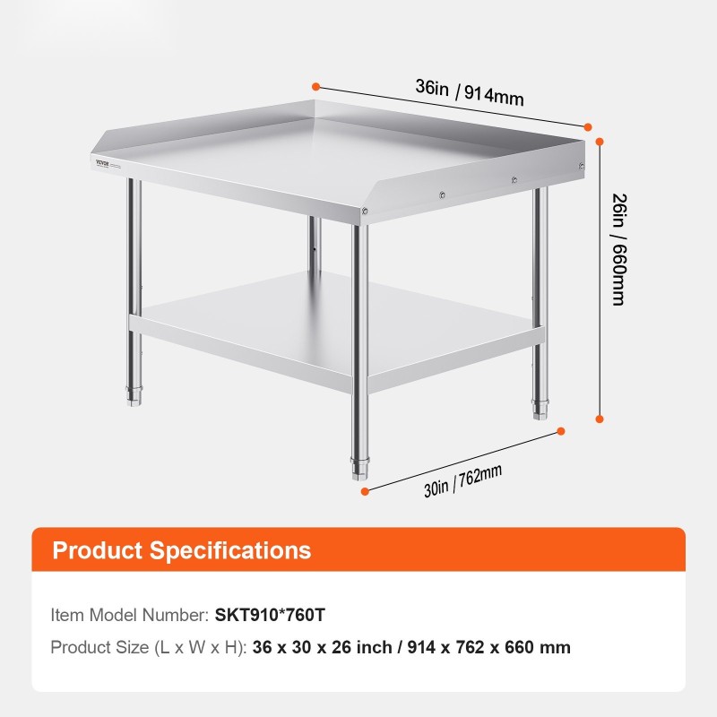 Ruostumattomasta teräksestä valmistettu työpöytä 762×914×660 mm kolmisivuinen roiskelevy korkeussäädettävät hyllyt