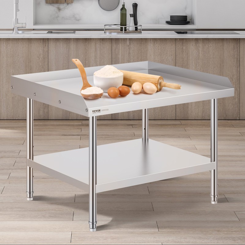 Ruostumattomasta teräksestä valmistettu työpöytä 762×914×660 mm kolmisivuinen roiskelevy korkeussäädettävät hyllyt