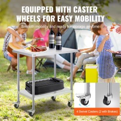 Ruostumaton teräspöytä 610×914×955 mm 4 pyörää 3 korkeustasoa ammattikeittiöön