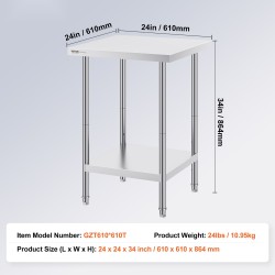 Ruostumaton teräspöytä 61 x 61 x 86,4 cm 3-portainen korkeudensäätö ammattikäyttöön
