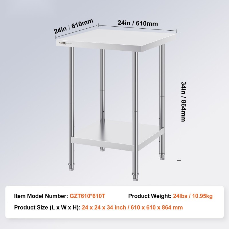 Ruostumaton teräspöytä 61 x 61 x 86,4 cm 3-portainen korkeudensäätö ammattikäyttöön