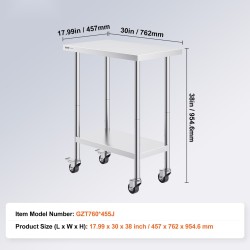 Työpöytä ruostumattomasta teräksestä 762x457x955 mm pyörillä kolme korkeustasoa