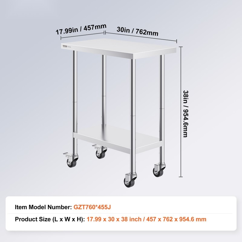 Työpöytä ruostumattomasta teräksestä 762x457x955 mm pyörillä kolme korkeustasoa