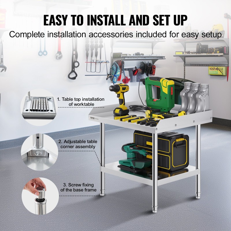 Työpöytä ruostumattomasta teräksestä 610x711x660 mm roiskesuojalla säädettävät hyllyt