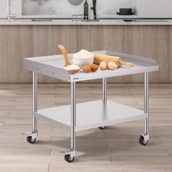 Ruostumattomasta teräksestä valmistettu työtaso 76,2 x 91,4 cm säädettävällä hyllyllä 4 pyörää