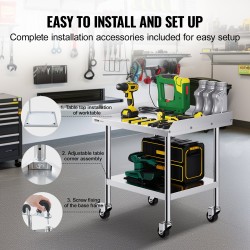 Työpöytä ruostumattomasta teräksestä 61 x 71,1 cm säädettävillä hyllyillä ja pyörillä