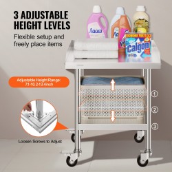 Ruostumattomasta teräksestä valmistettu työpöytä 61x61 cm säädettävällä alahyllyllä neljällä pyörällä