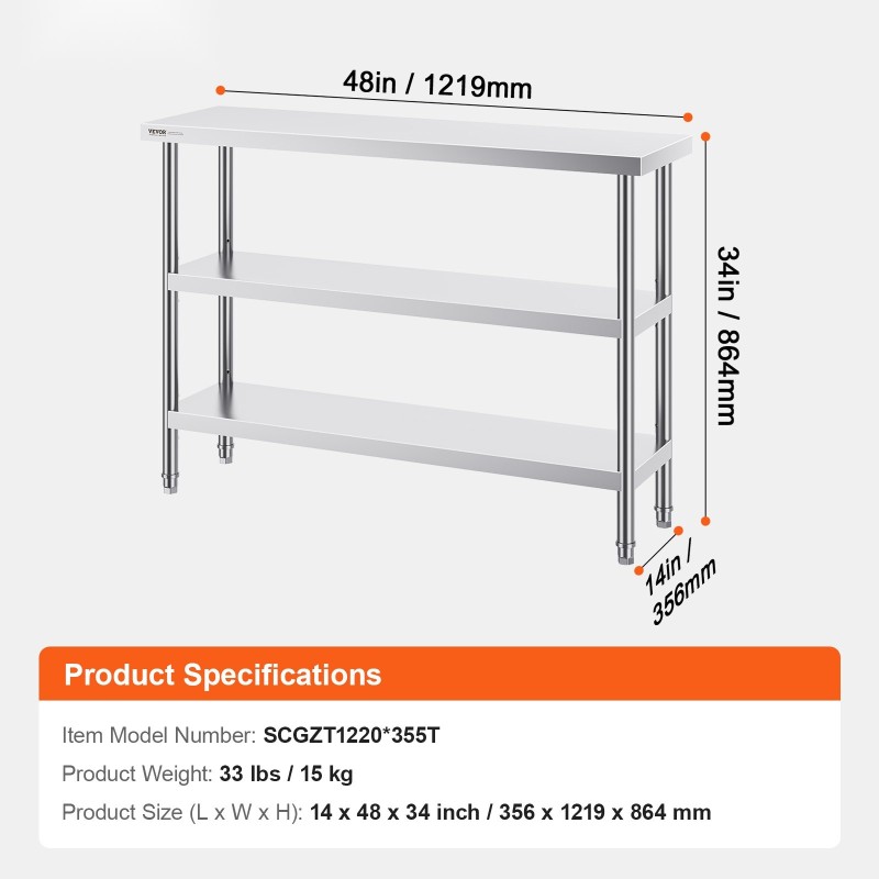 Työtaso ruostumattomasta teräksestä 35,6 x 121,9 x 86,4 cm säädettävällä alahyllyllä ammattikeittiöön