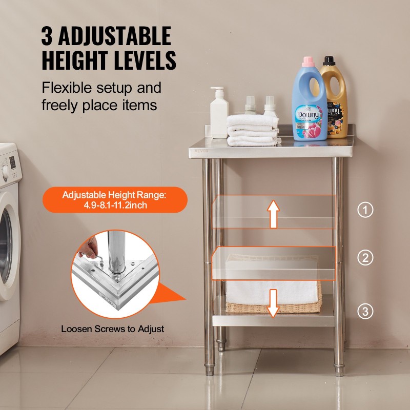 Ruostumaton teräspöytä 610 x 610 x 914 mm säädettävällä hyllyllä ammattikäyttöön