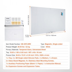 Magneettinen karkaistu valkoinen lasitaulu 915x1829 mm reunaton mukana kynäkaukalo
