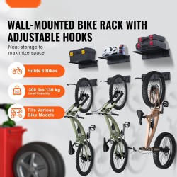 Seinään asennettava polkupyöräteline kuudelle pyörälle kolmella kypäräkoukulla kolmella hyllyllä satakolmekymmentäkuusi