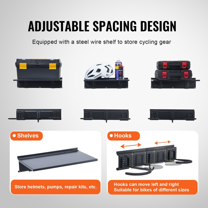 Seinään asennettava polkupyöräteline kuudelle pyörälle kolmella kypäräkoukulla kolmella hyllyllä satakolmekymmentäkuusi