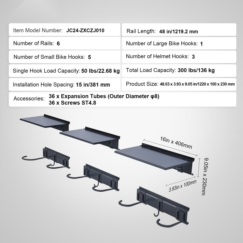 Seinään asennettava polkupyöräteline kuudelle pyörälle kolmella kypäräkoukulla kolmella hyllyllä satakolmekymmentäkuusi