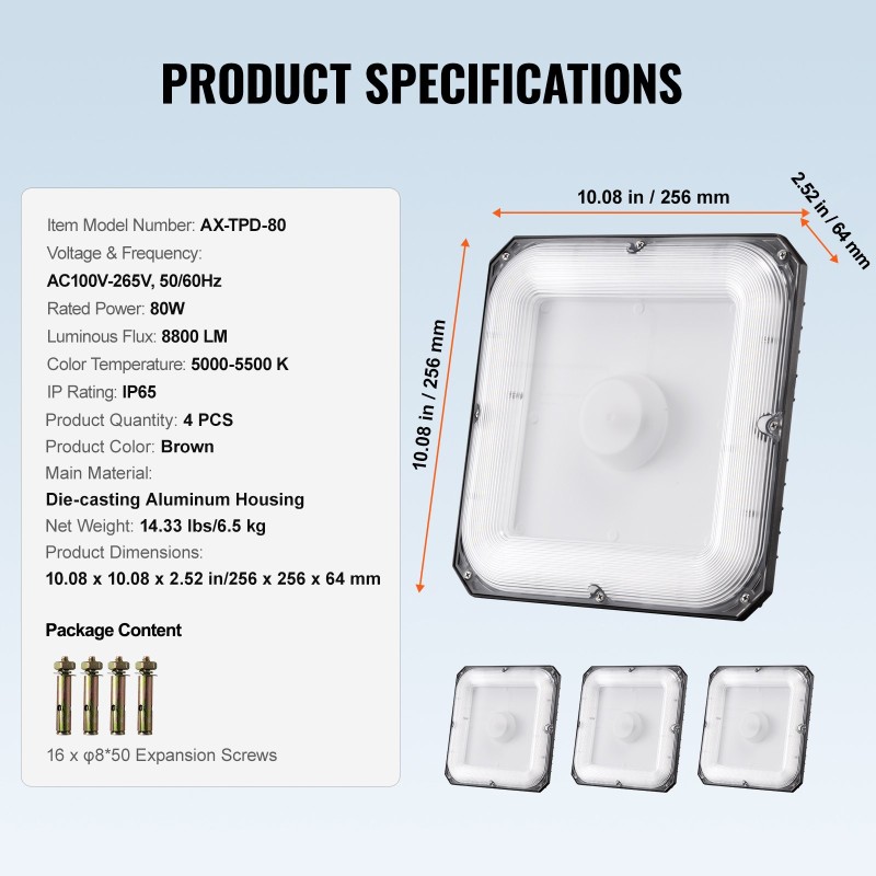 LED-katosvalot 4 kpl 80W 8800 lm 5000K IP65 painevalettu alumiini