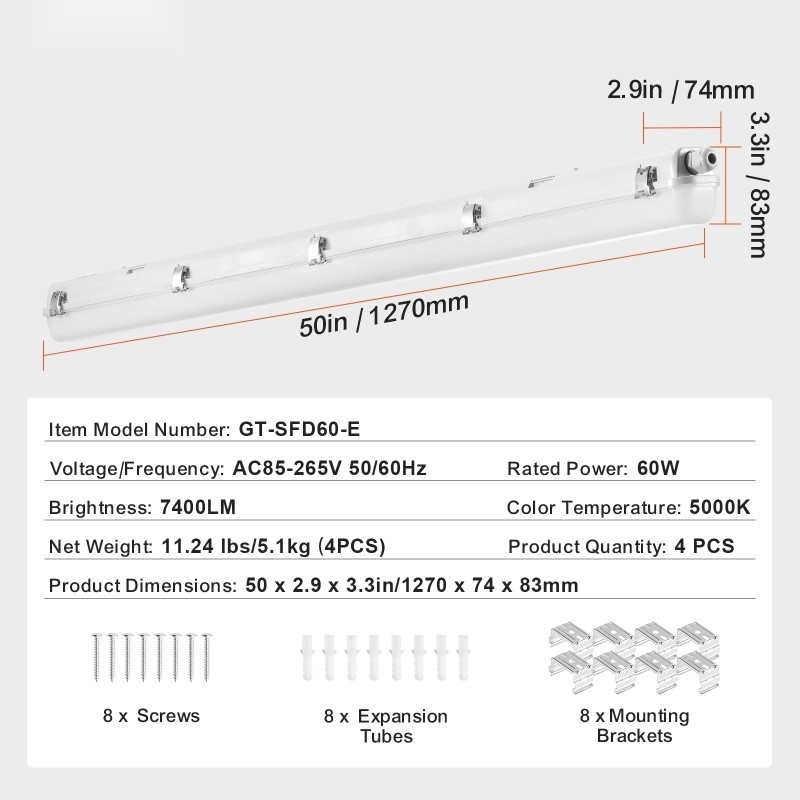 LED-höyrytiivis PC-muovinen valaisin 1270 mm 60W 7400 lm IP65 5000K 4 kpl