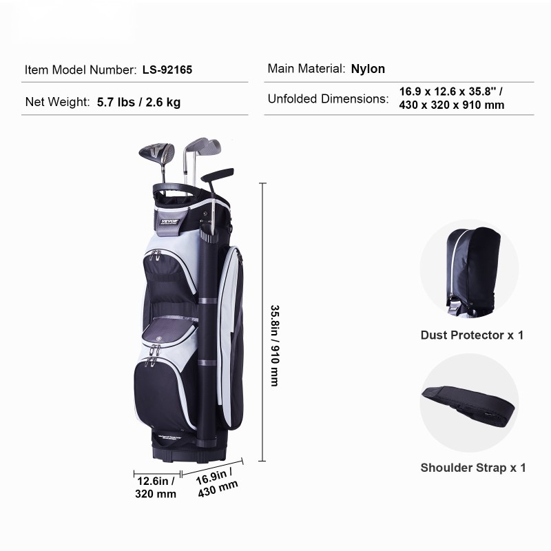 Golfkärrylaukku nylonista neljäntoistaosaisella jakajalla seitsemällä taskulla pölynsuojalla musta