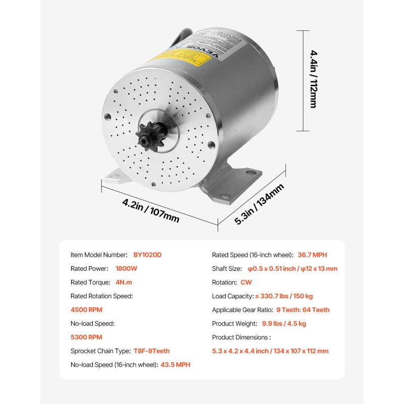 Harjaton tasavirtamoottori 48V 1800W 4500 kierrosta minuutissa 4 N·m sähköpyöriin