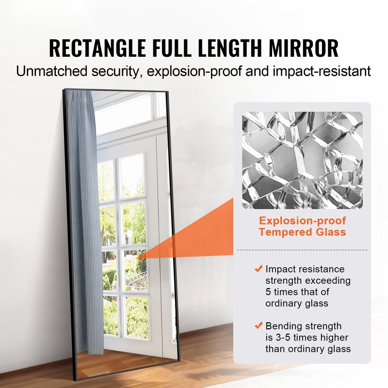 Suorakulmainen kokovartalopeili 1800 x 785 mm alumiiniseoskehys karkaistu lasi musta