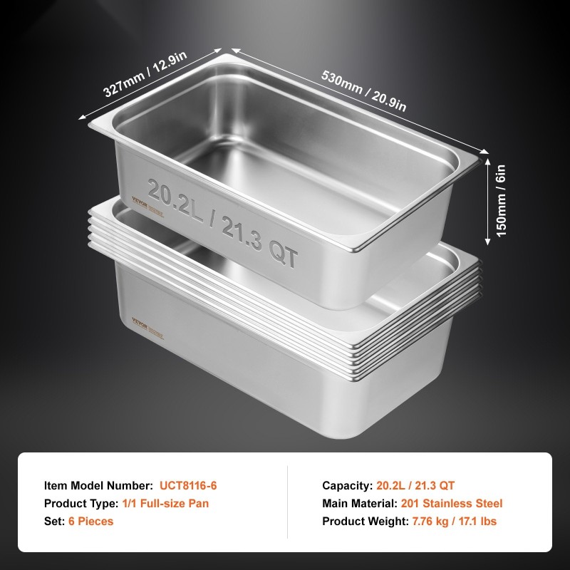 Täysikokoinen GN-astiasarja 6 kpl ruostumatonta terästä 6 tuuman syvä