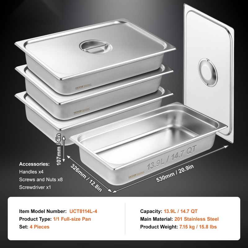 Höyrypöytäastiasetti ruostumattomasta teräksestä täysikokoinen 4 kpl 4 tuuman syvä kannella