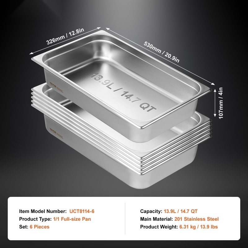Täyskokoiset GN hotelipannut 201-ruostumatonta terästä 6 kpl 4 tuumaa
