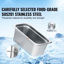 1/3-kokoiset höyrypannut 6 tuumaa syvät 8 kappaletta kansineen ruostumatonta terästä