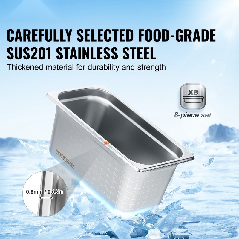 1/3-kokoiset höyrypannut 6 tuumaa syvät 8 kappaletta kansineen ruostumatonta terästä