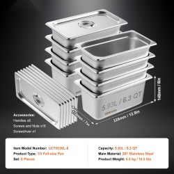1/3-kokoiset höyrypannut 6 tuumaa syvät 8 kappaletta kansineen ruostumatonta terästä